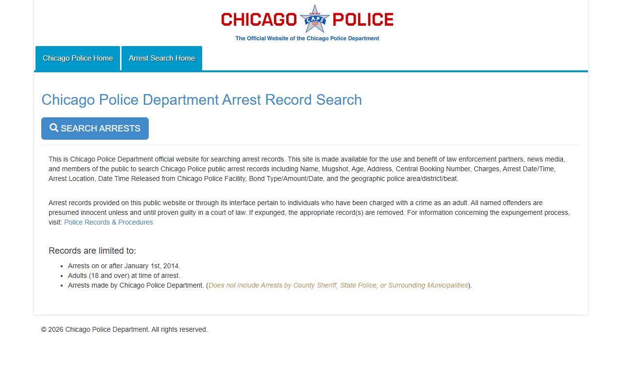 Chicago Police public arrest search portal for warrant records