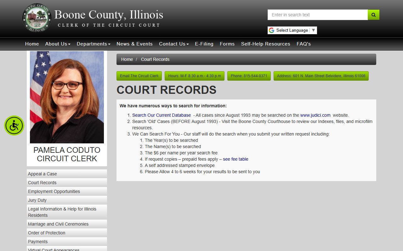 Boone County court records page for warrant records search