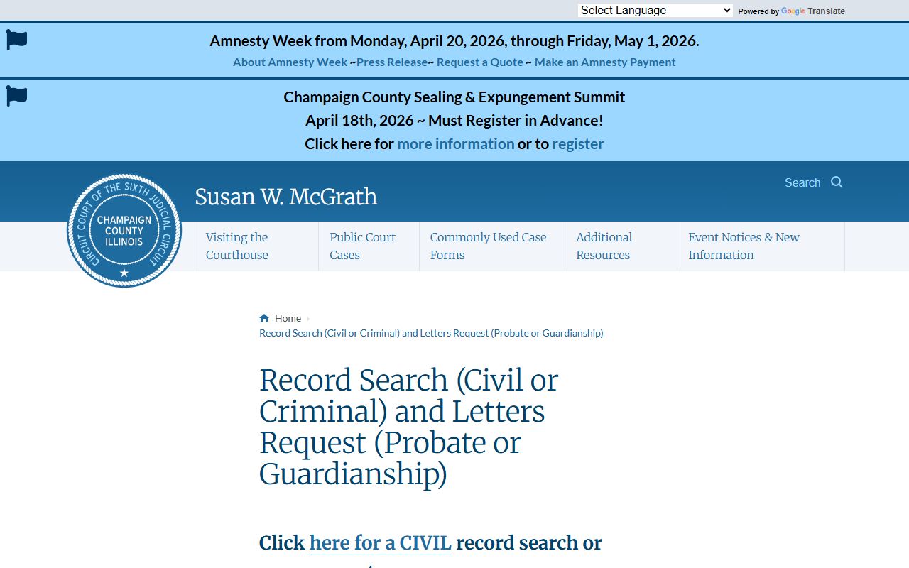 Champaign County record search type page for warrant records