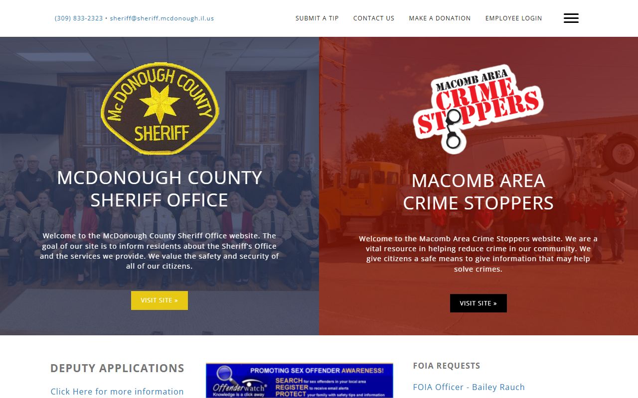 McDonough County Sheriff portal with warrant list and Crime Stoppers