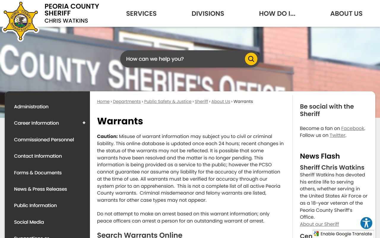 Peoria County warrants page showing active warrant database