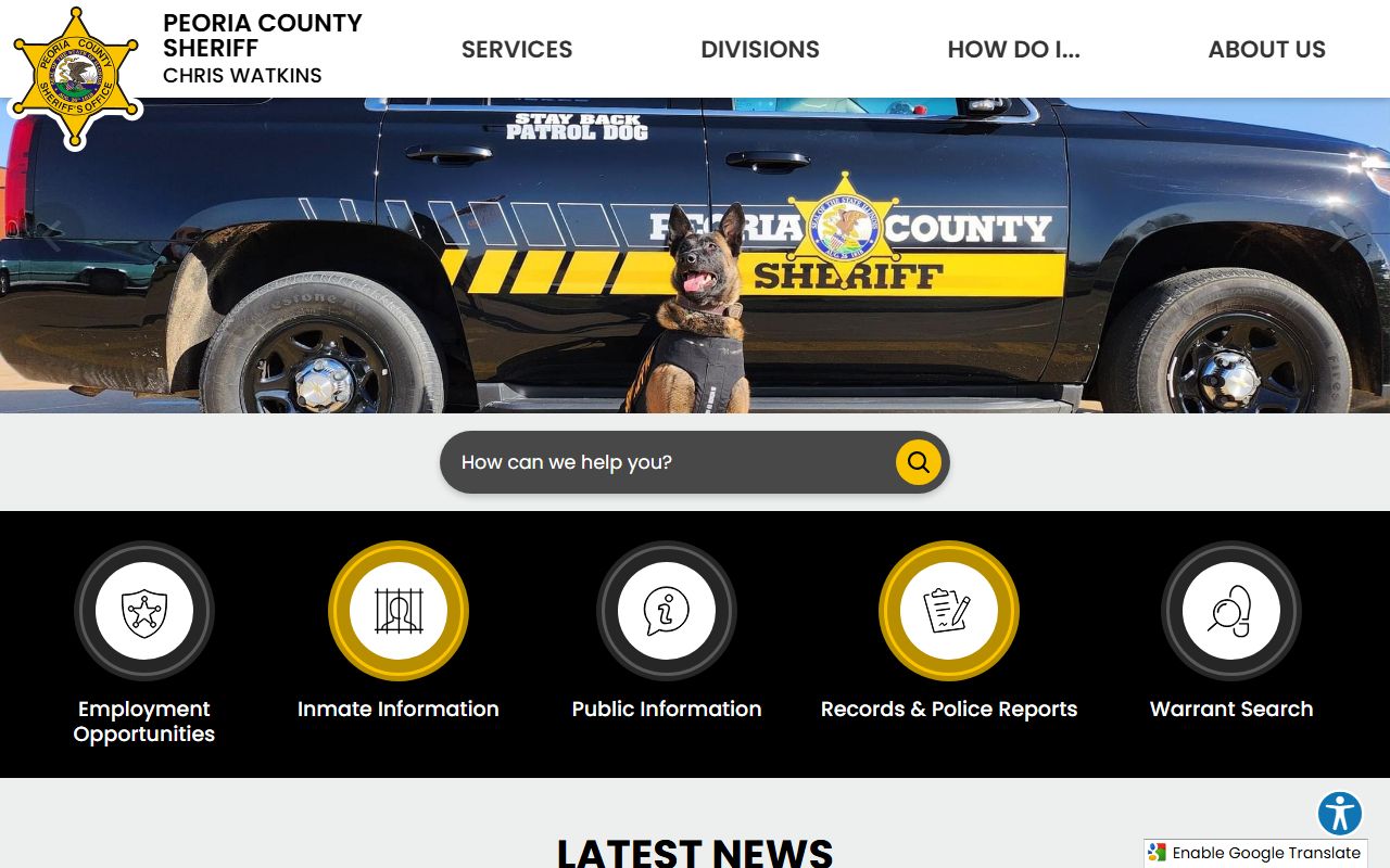 Peoria County Sheriff Office website for warrant records services