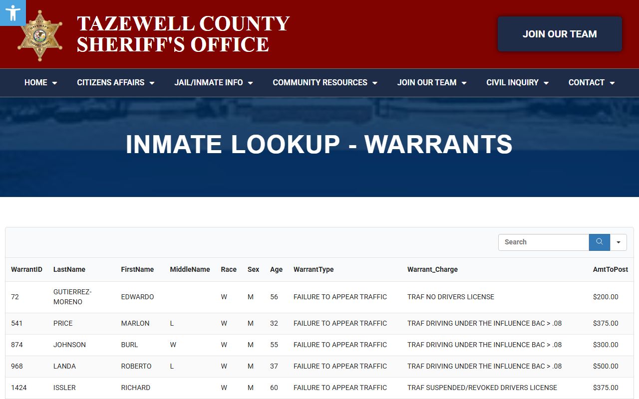 Tazewell County Sheriff warrant search database for warrant records