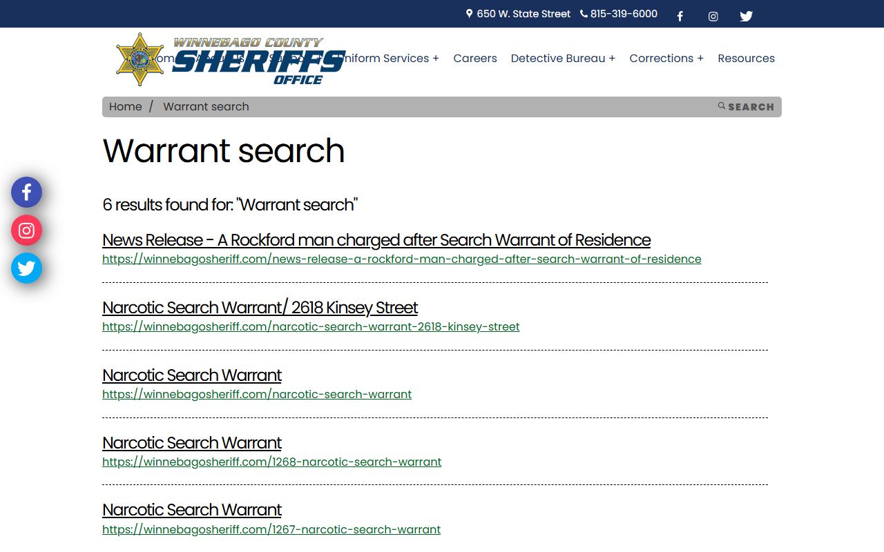 Winnebago County warrant search page for active warrant records
