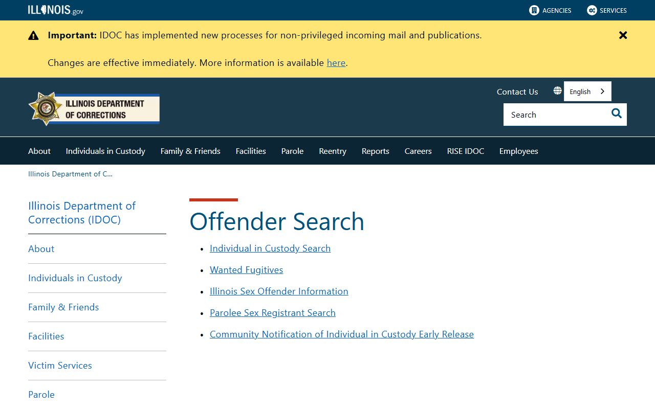 Illinois Department of Corrections offender search for warrant records