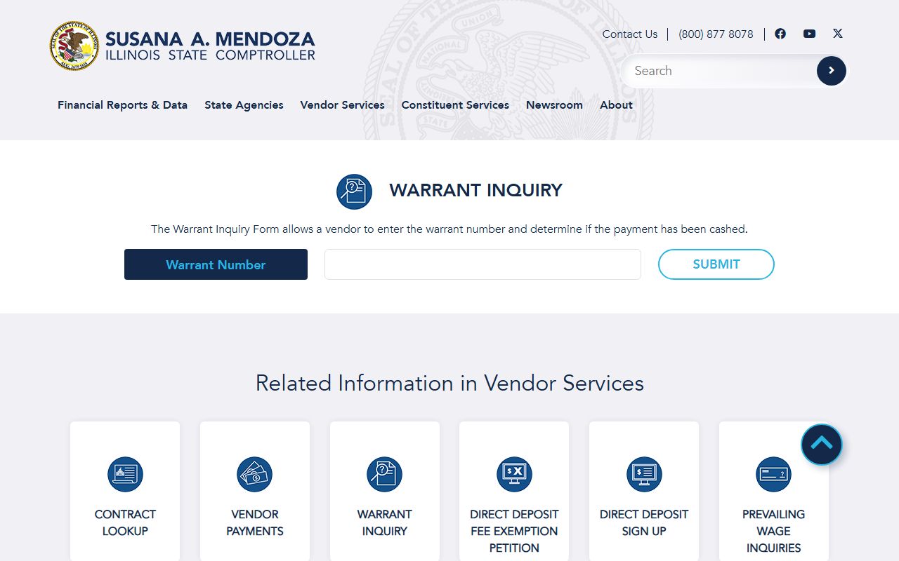 Illinois Comptroller warrant inquiry page for warrant records